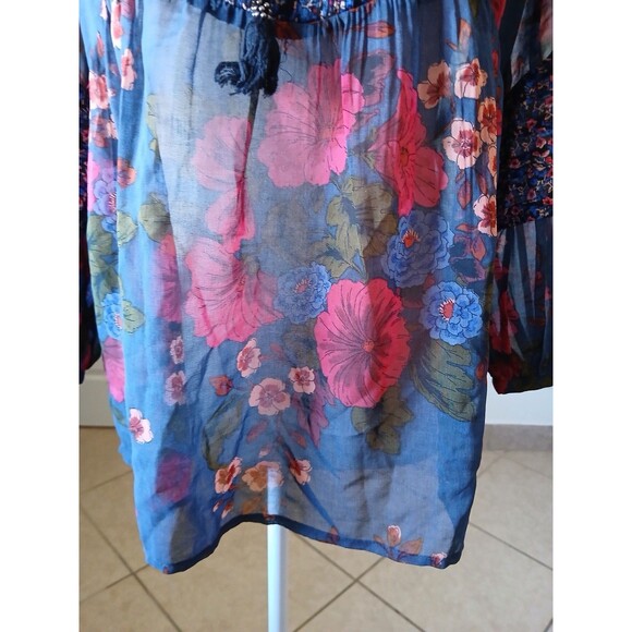 Daniel Rainn XS Boho Floral Tunic Blouse Tie Neck Long Sleeve - Picture 7 of 15
